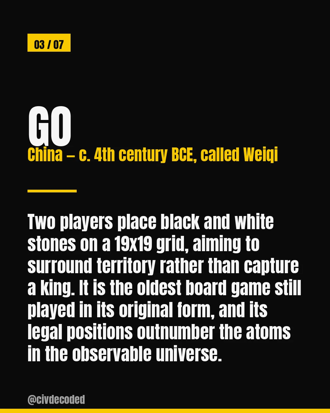 Go, China c. 4th century BCE (called Weiqi) — players place black and white stones on a 19x19 grid to surround territory; it's the oldest board game still played in its original form, with more legal positions than atoms in the observable universe.