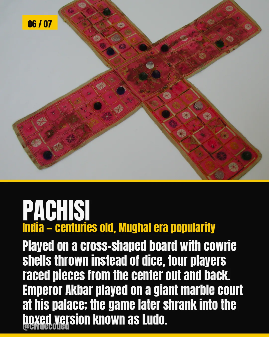 Pachisi, India, Mughal-era popularity — played on a cross-shaped board with cowrie shells thrown instead of dice; Emperor Akbar played on a giant marble court at his palace, and the game later shrank into the boxed version known as Ludo.