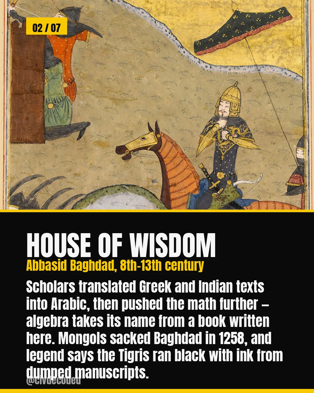 House of Wisdom, Abbasid Baghdad, 8th-13th century — scholars translated Greek and Indian texts into Arabic and pushed math further, with algebra taking its name from a book written here; Mongols sacked Baghdad in 1258 and legend says the Tigris ran black with ink from dumped manuscripts.