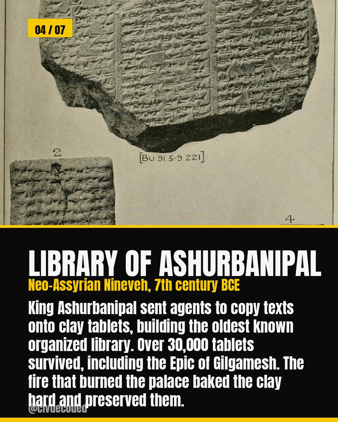 Library of Ashurbanipal, Neo-Assyrian Nineveh, 7th century BCE — King Ashurbanipal sent agents to copy texts onto clay tablets, building the oldest known organized library; over 30,000 tablets survived, including the Epic of Gilgamesh, because the fire that burned the palace baked the clay hard.