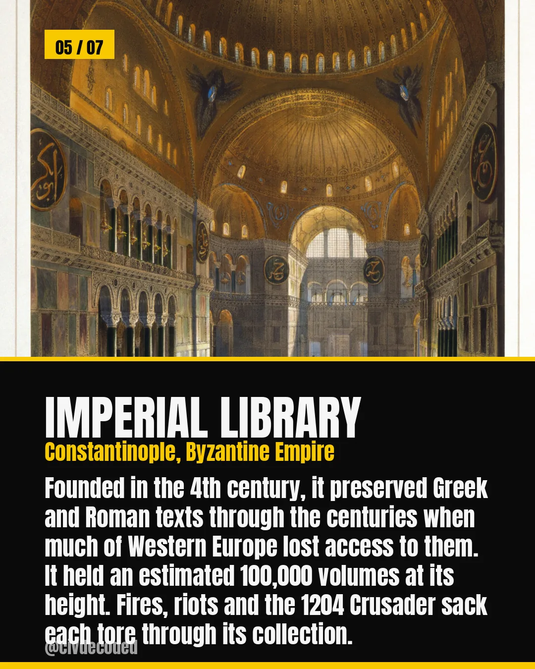 Imperial Library, Constantinople, Byzantine Empire — founded in the 4th century, it preserved Greek and Roman texts while much of Western Europe lost access to them, holding an estimated 100,000 volumes at its height before fires, riots, and the 1204 Crusader sack tore through its collection.