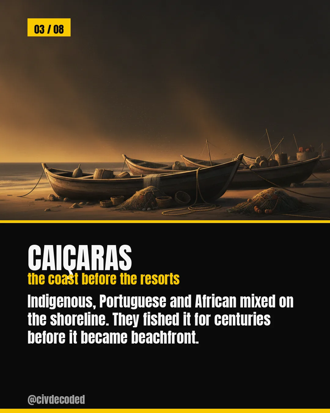 Caiçaras — the coast before the resorts. Indigenous, Portuguese, and African people mixed on the shoreline and fished it for centuries before it became beachfront.
