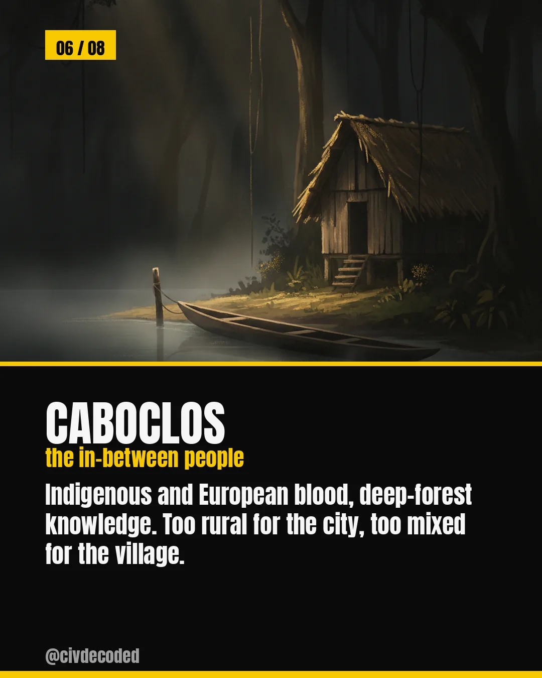 Caboclos — the in-between people. Indigenous and European blood with deep-forest knowledge; too rural for the city, too mixed for the village.