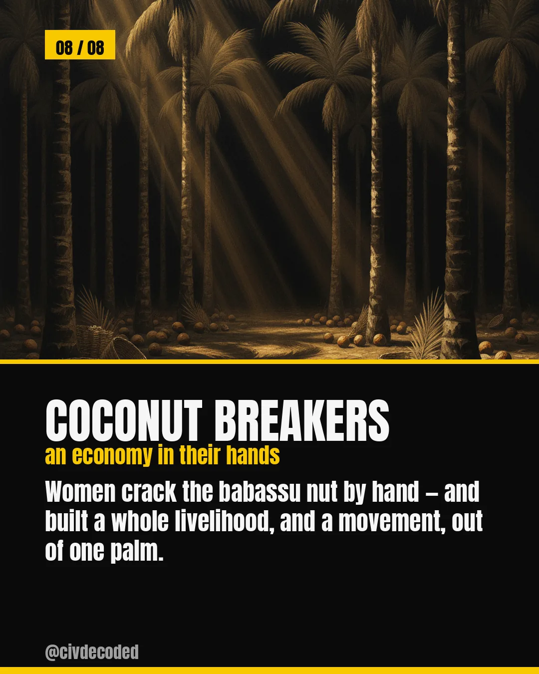 Coconut Breakers — an economy in their hands. Women crack the babassu nut by hand, building a whole livelihood, and a movement, out of one palm.