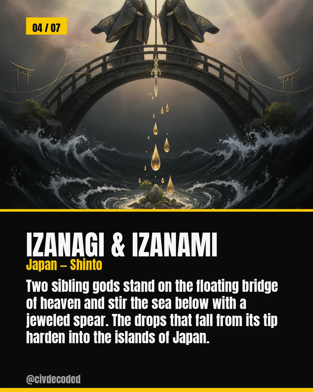 Izanagi & Izanami (Japan, Shinto) — two sibling gods stir the sea from the floating bridge of heaven with a jeweled spear; the falling drops harden into the islands of Japan.