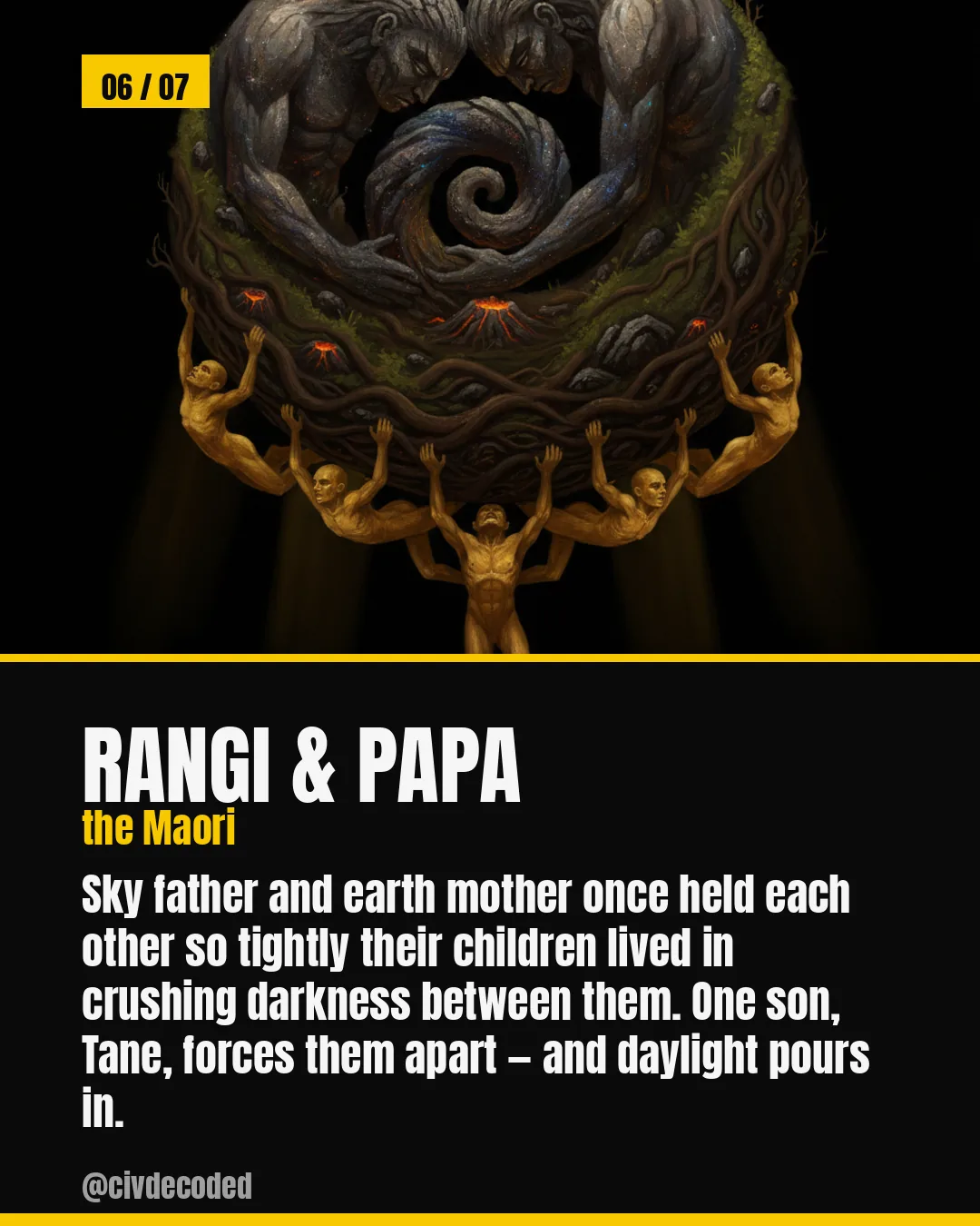 Rangi & Papa (the Maori) — sky father and earth mother hold each other so tightly their children live in crushing darkness, until their son Tane forces them apart and daylight pours in.