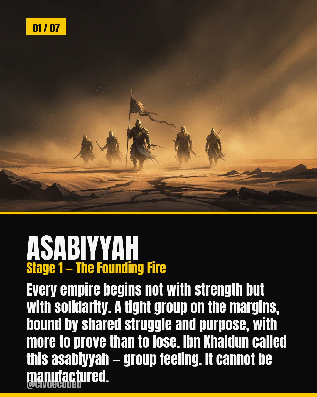 Asabiyyah, Stage 1 — The Founding Fire: every empire begins with the group solidarity of a tight founding group on the margins, bound by shared struggle.