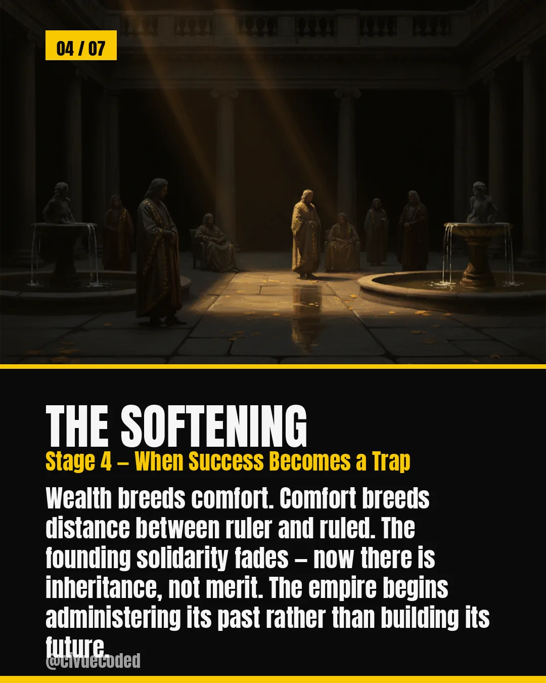 The Softening, Stage 4 — When Success Becomes a Trap: wealth breeds comfort, comfort breeds distance between ruler and ruled, and inheritance replaces merit.