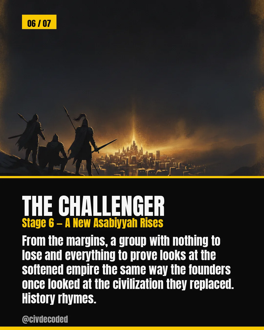 The Challenger, Stage 6 — A New Asabiyyah Rises: a marginal group with nothing to lose looks at the softened empire the way the founders once looked at what they replaced.