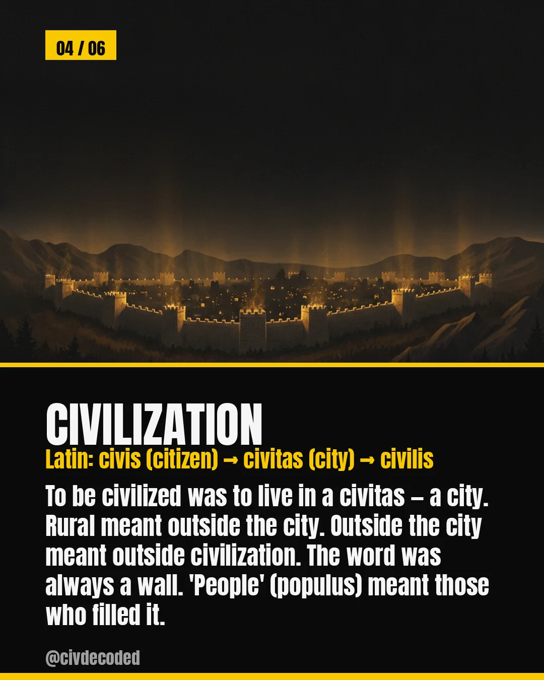 Civilization (Latin: civis/civitas) — to be civilized meant living inside a civitas, a city; outside the city meant outside civilization.