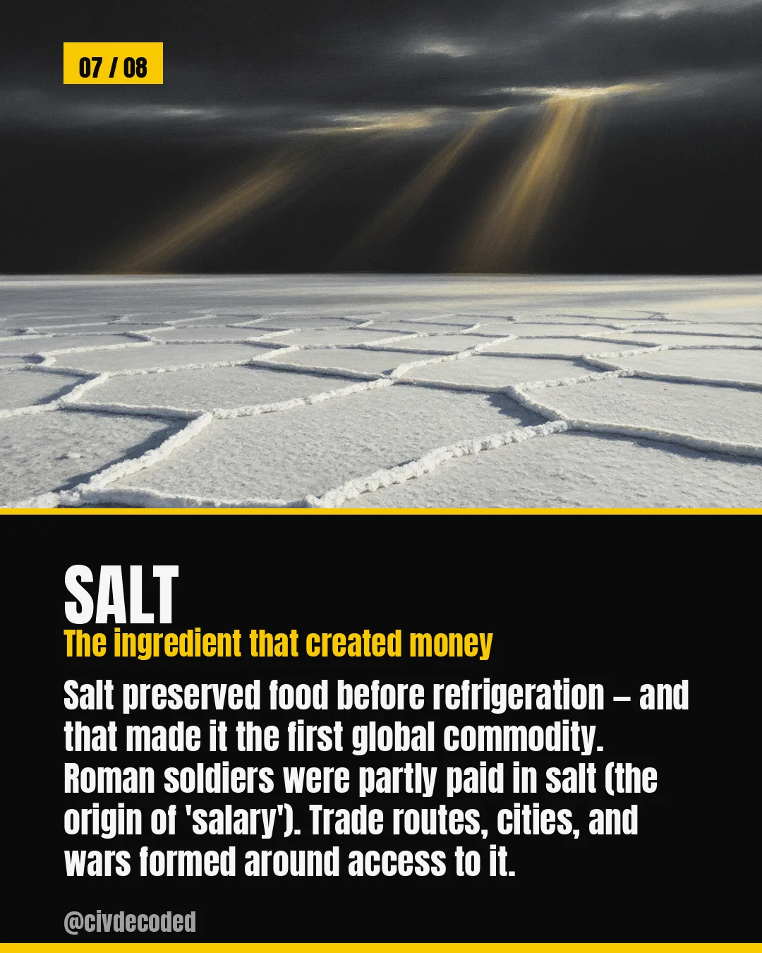 Salt — paid Roman soldiers, giving us the word 'salary'