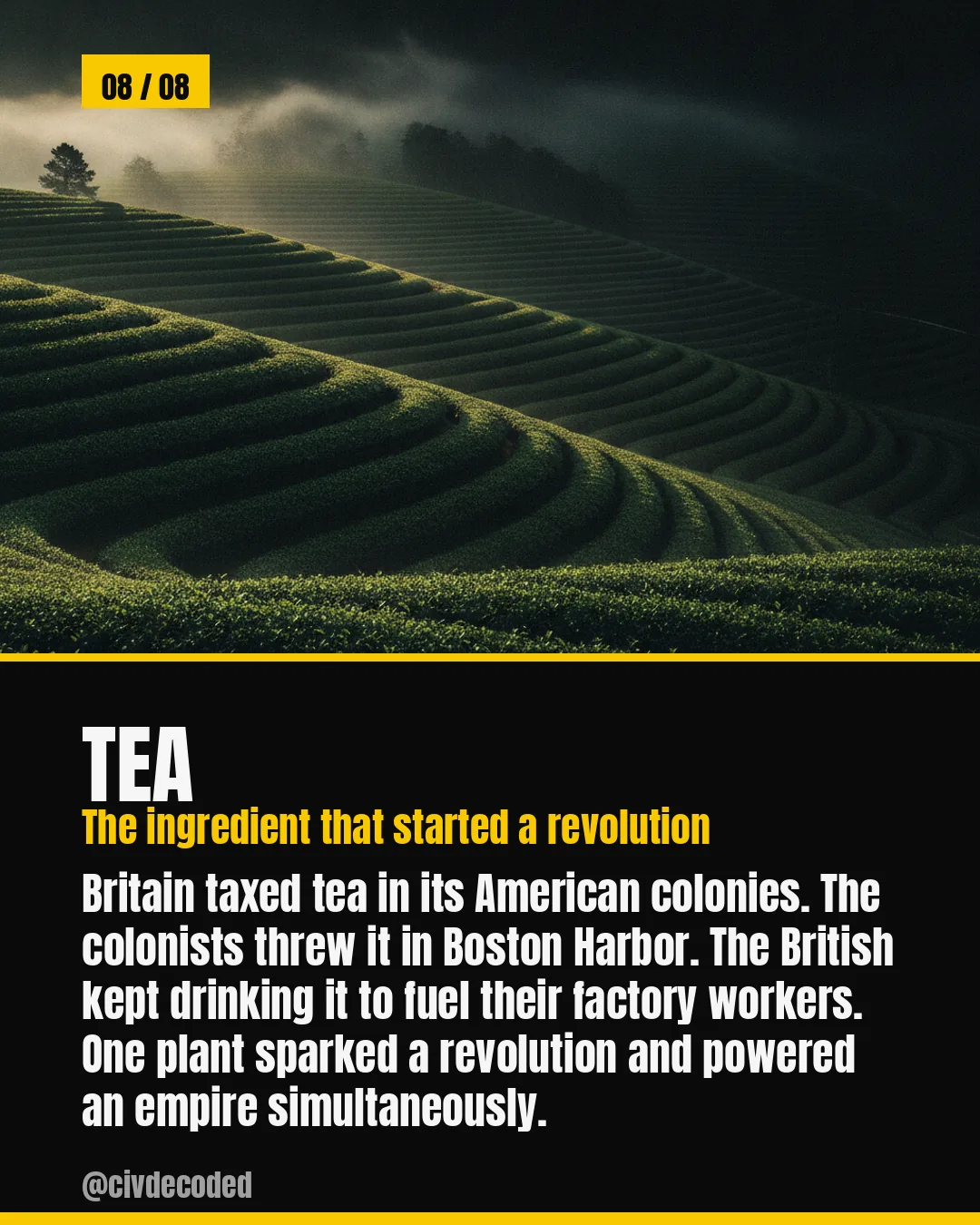 Tea — taxed by Britain, dumped in Boston Harbor, the fuel behind British factory workers