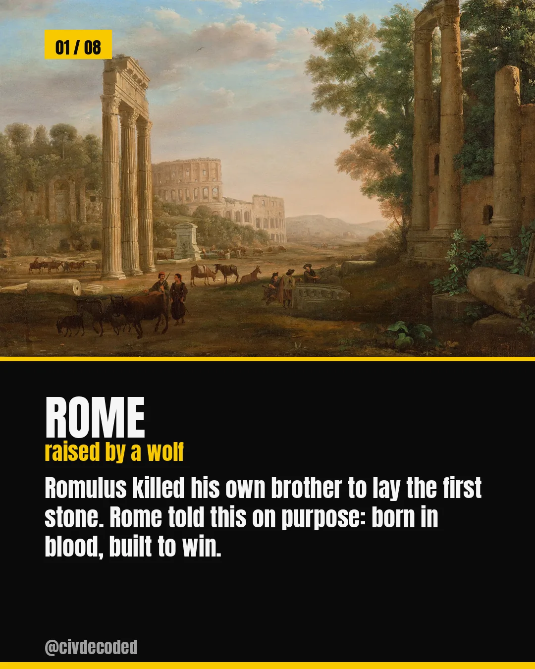 Rome — Romulus, raised by a wolf, killed his brother to found the city