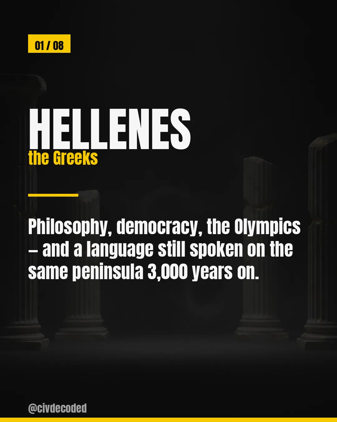 Hellenes (the Greeks) — philosophy, democracy, and the Olympics from a language still spoken on the same peninsula 3,000 years later