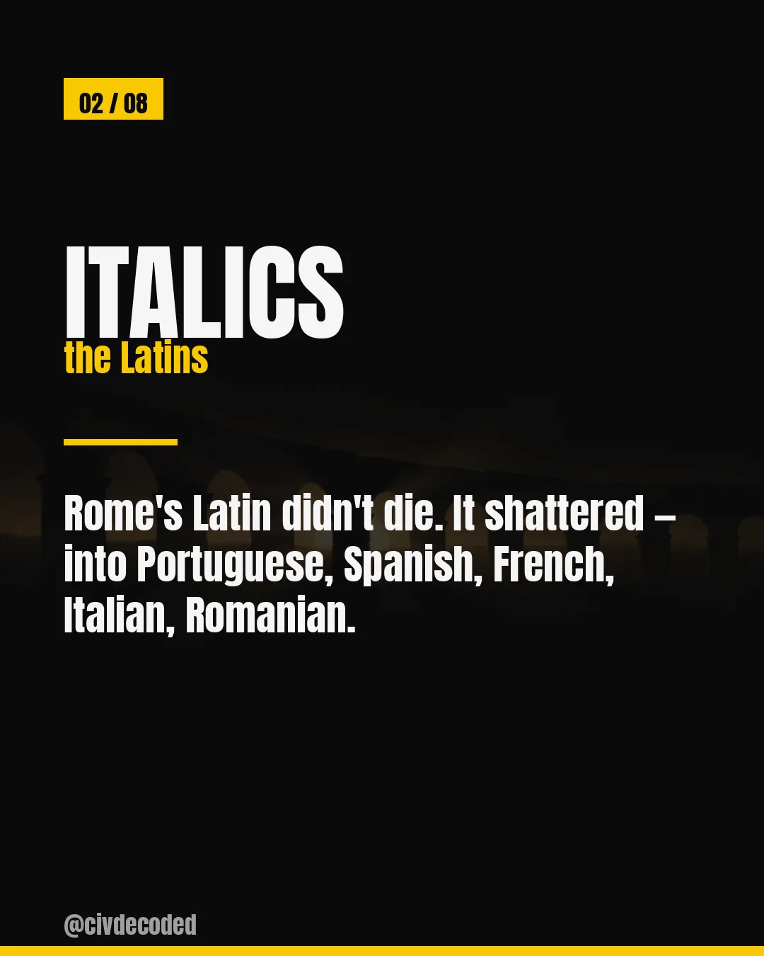 Italics (the Latins) — Rome's Latin shattered into Portuguese, Spanish, French, Italian, and Romanian