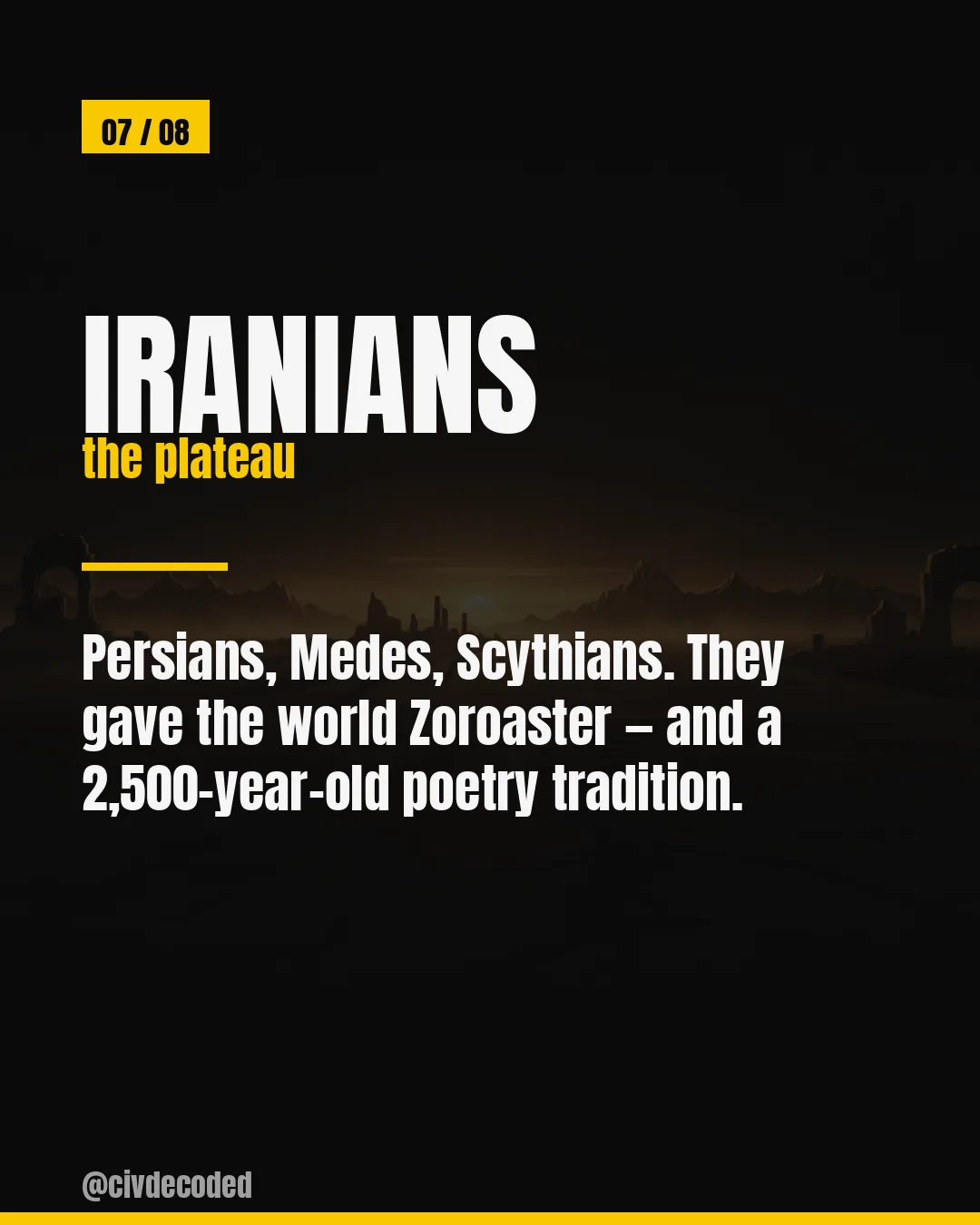 Iranians (the plateau) — Persians, Medes, and Scythians, who gave the world Zoroaster and a 2,500-year-old poetry tradition