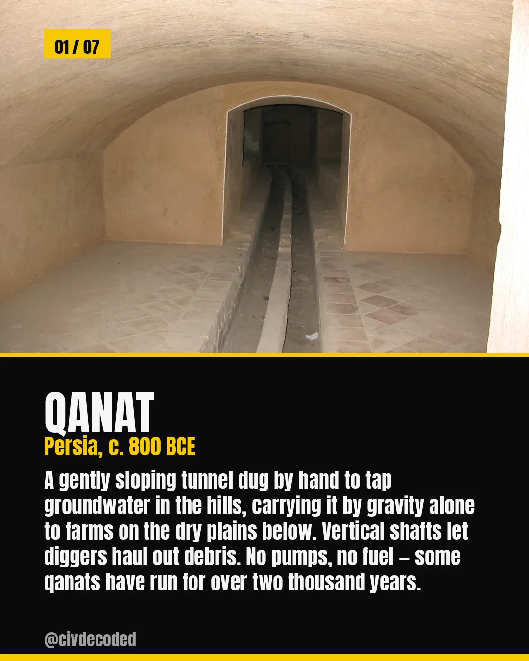 Qanat — Persia, c. 800 BCE: a gently sloping tunnel dug by hand to carry groundwater by gravity alone, some running over two thousand years