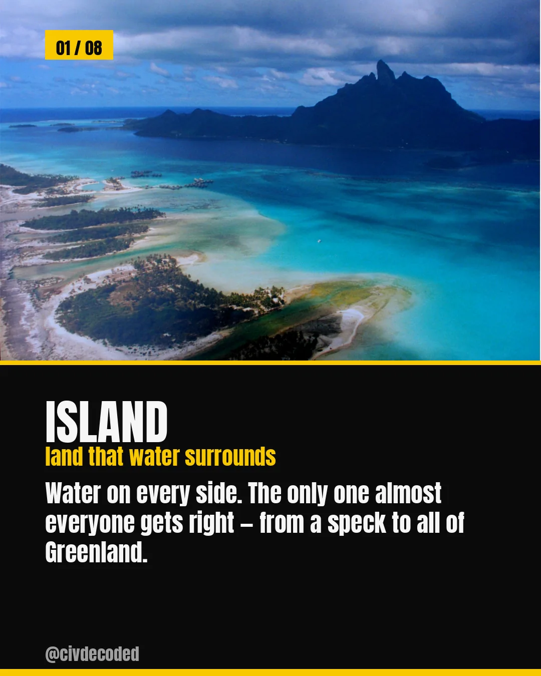 Island — land that water surrounds, from a speck to all of Greenland