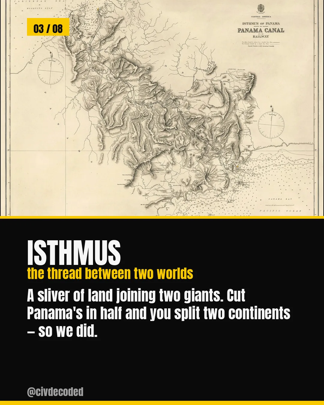 Isthmus — a sliver of land joining two giants, like Panama, where cutting it split two continents
