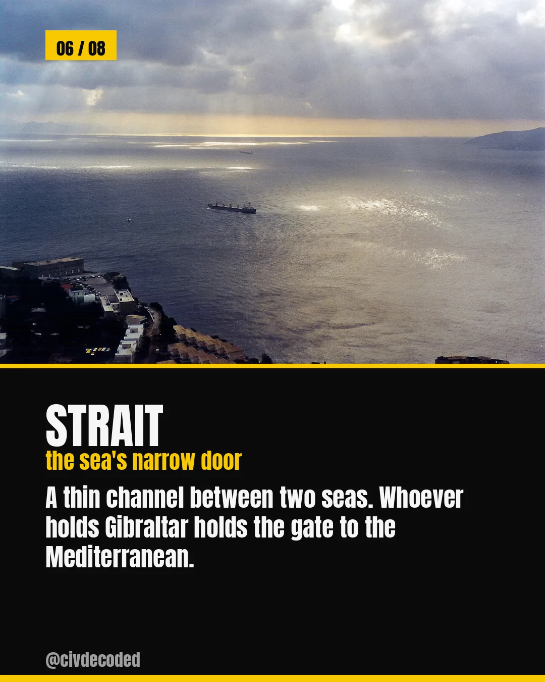 Strait — a thin channel between two seas, like Gibraltar, gateway to the Mediterranean