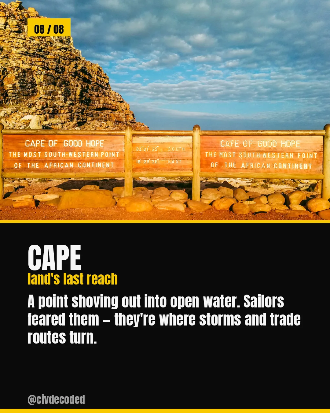 Cape — land's last reach into open water, where storms and trade routes turn