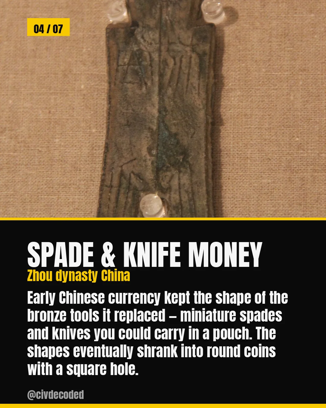 Spade and Knife Money — Zhou dynasty China cast currency shaped like the bronze tools it replaced, which eventually shrank into round coins with a square hole.