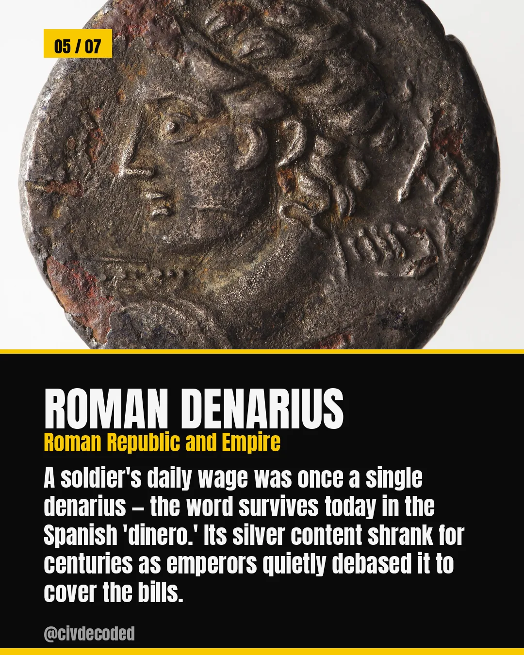 Roman Denarius — a Roman soldier's daily wage, whose name survives today in the Spanish word 'dinero'; its silver content was debased for centuries.
