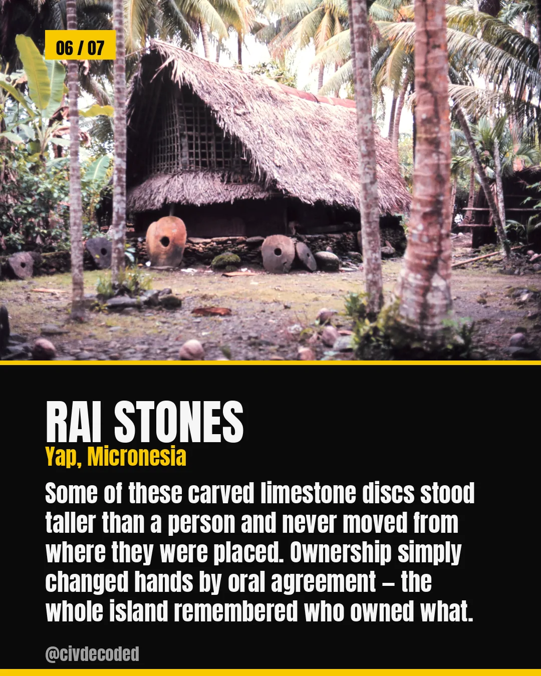 Rai Stones — Yap, Micronesia, used carved limestone discs too large to move; ownership changed hands by oral agreement.