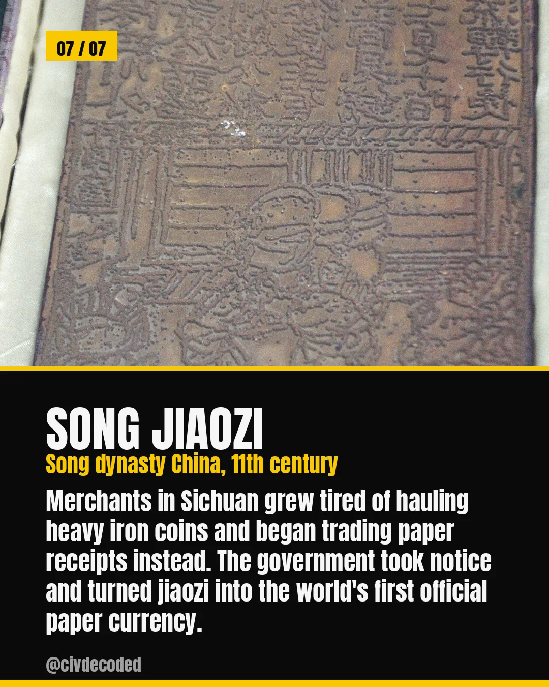 Song Jiaozi — 11th-century Song dynasty China turned merchants' paper receipts into the world's first official paper currency.