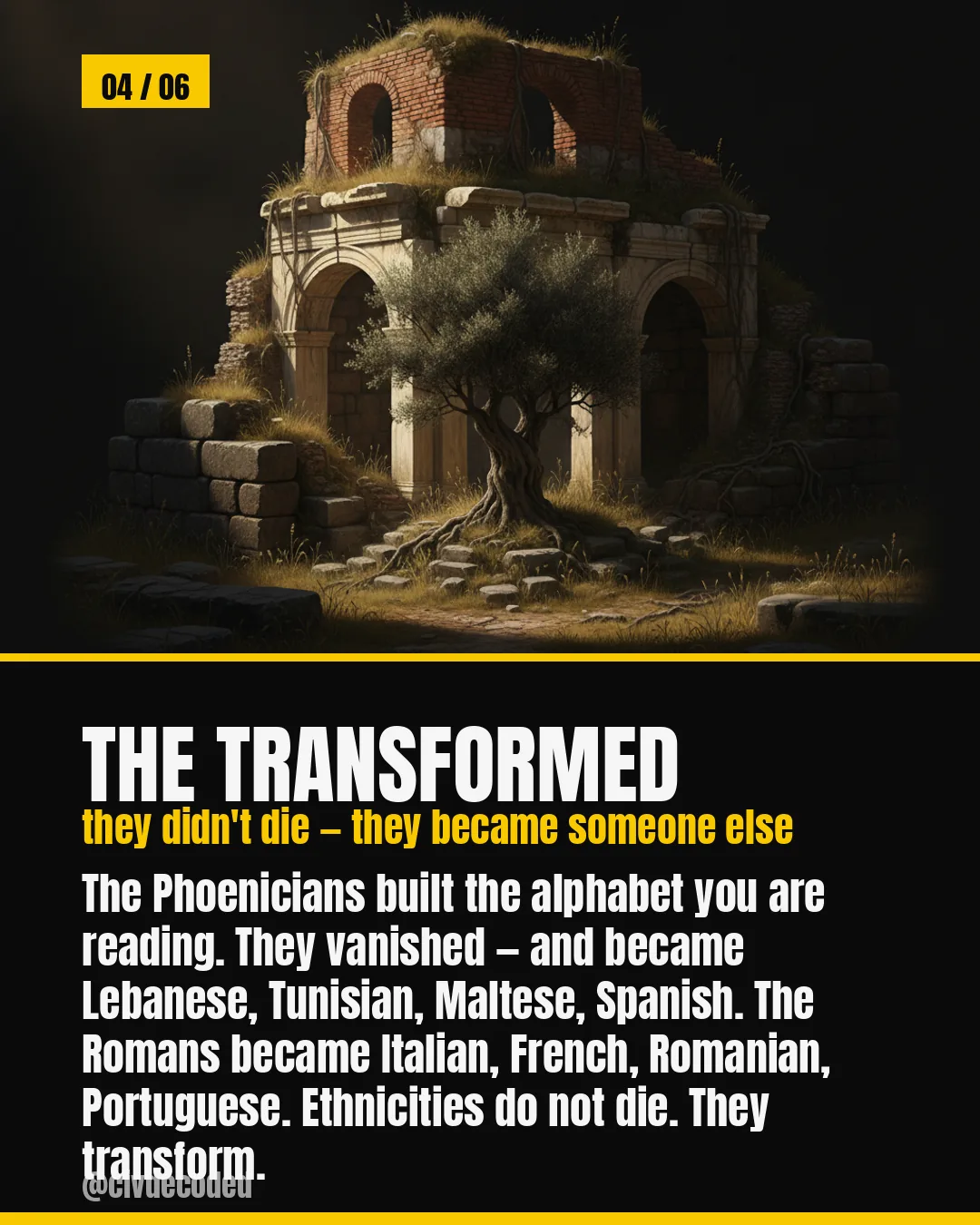 The Transformed — the Phoenicians became Lebanese, Tunisian, Maltese and Spanish; the Romans became Italian, French, Romanian and Portuguese.