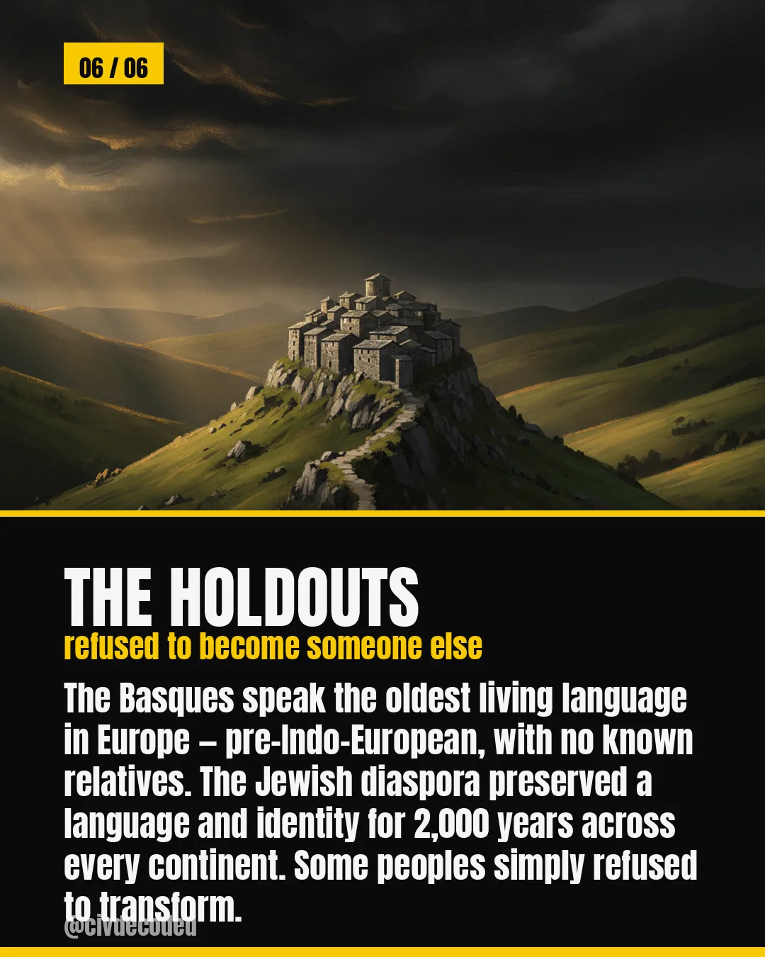 The Holdouts — the Basques speak the oldest living language in Europe with no known relatives, and the Jewish diaspora preserved its identity for 2,000 years across every continent.