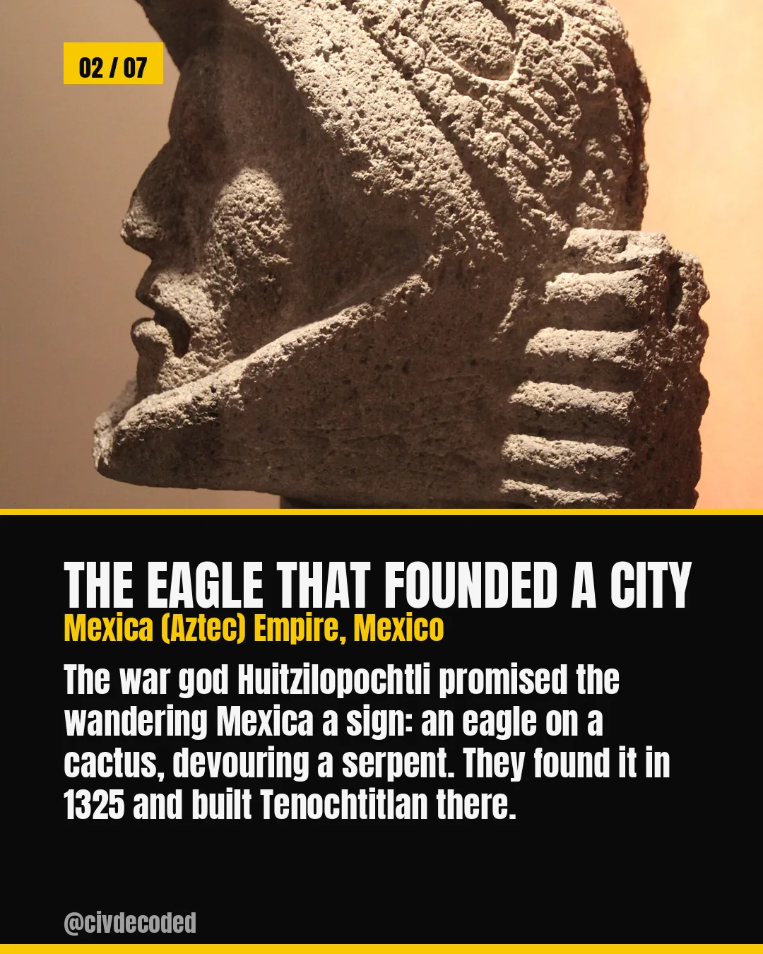 The Eagle That Founded a City — the Aztec Mexica found the sign promised by Huitzilopochtli, an eagle on a cactus devouring a serpent, in 1325 and built Tenochtitlan there.