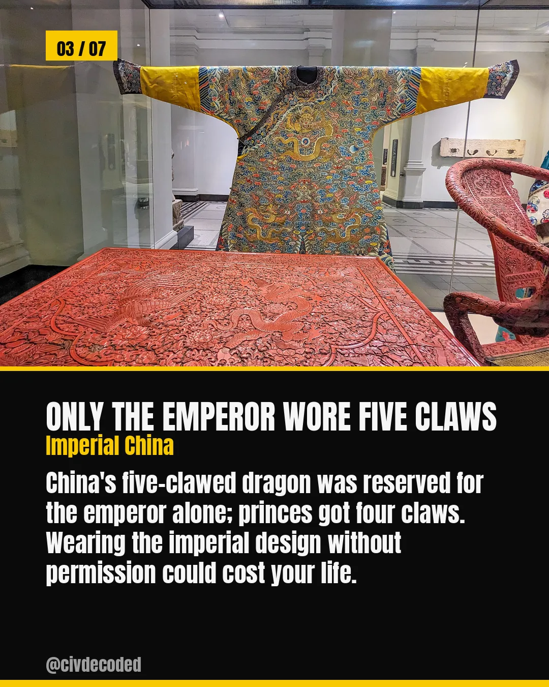 Only the Emperor Wore Five Claws — Imperial China reserved the five-clawed dragon for the emperor alone; princes got four claws, and wearing it without permission could cost your life.