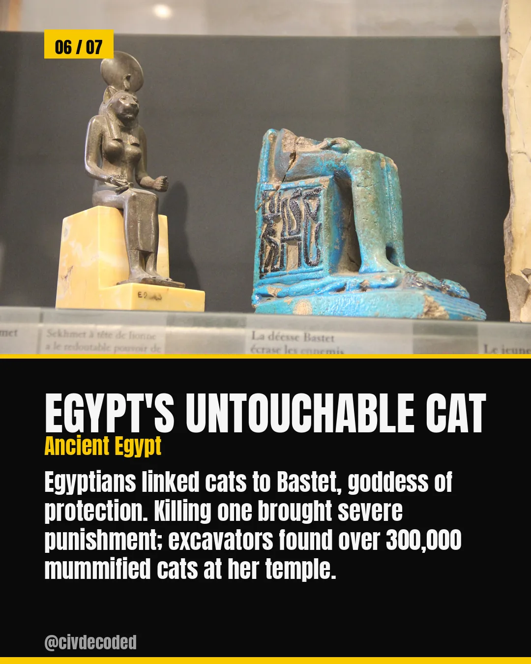 Egypt's Untouchable Cat — ancient Egyptians linked cats to Bastet, goddess of protection; excavators found over 300,000 mummified cats at her temple.