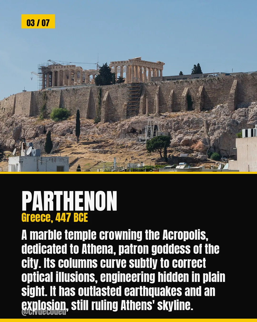 Parthenon — marble temple to Athena on the Acropolis, Greece, 447 BCE