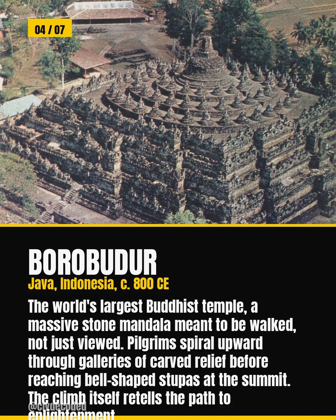 Borobudur — the world's largest Buddhist temple, a stone mandala in Java, c. 800 CE