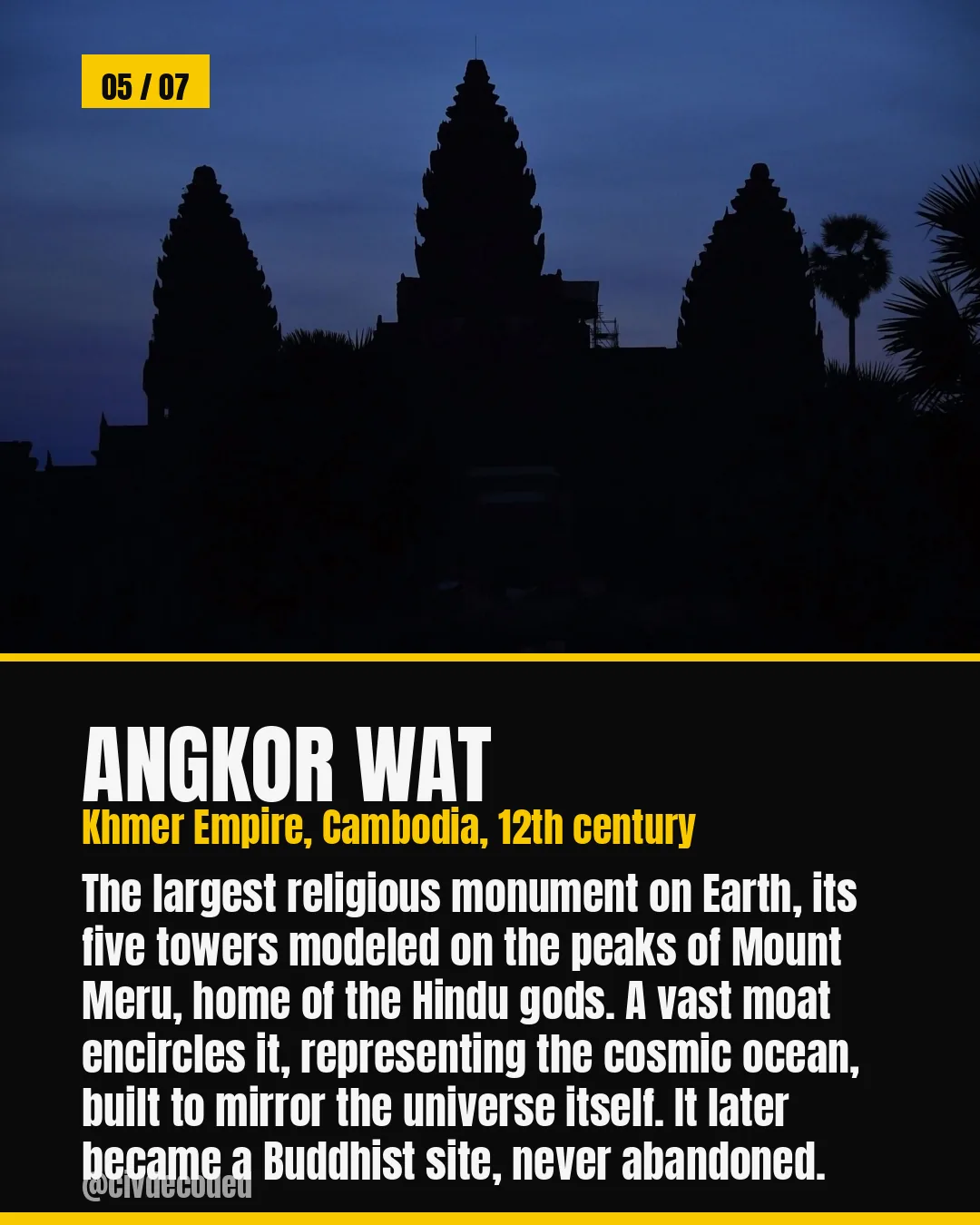 Angkor Wat — the largest religious monument on Earth, modeled on Mount Meru, Khmer Empire, 12th century