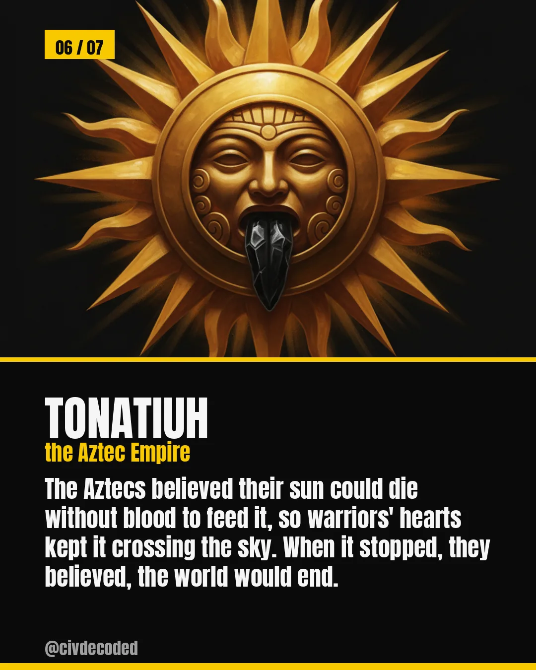 Tonatiuh — the Aztec sun god, fed by warriors' hearts to keep crossing the sky
