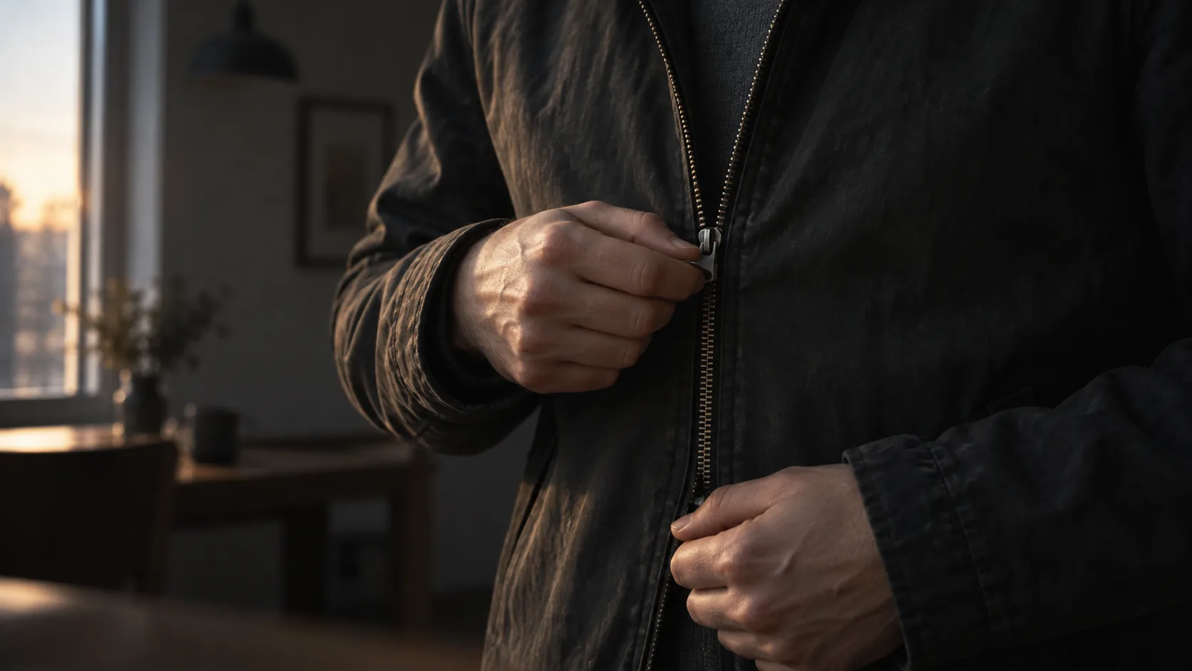 Close view of a person's hands drawing up the zipper of a dark jacket beside a softly lit window.