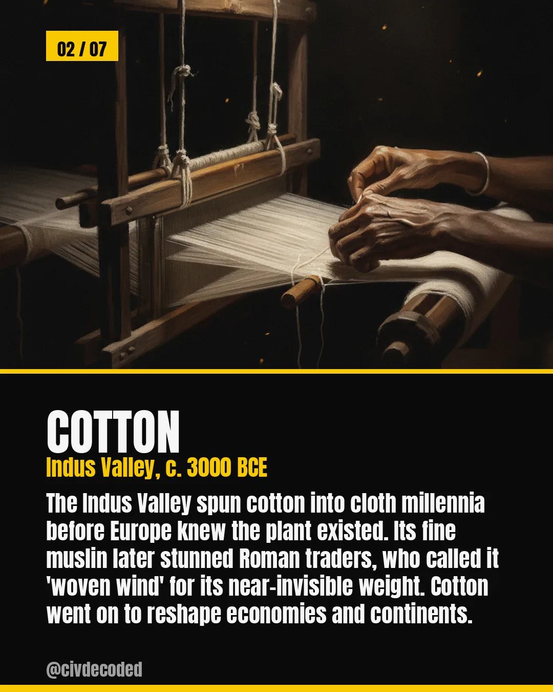 Cotton — India, called "woven wind" by Rome