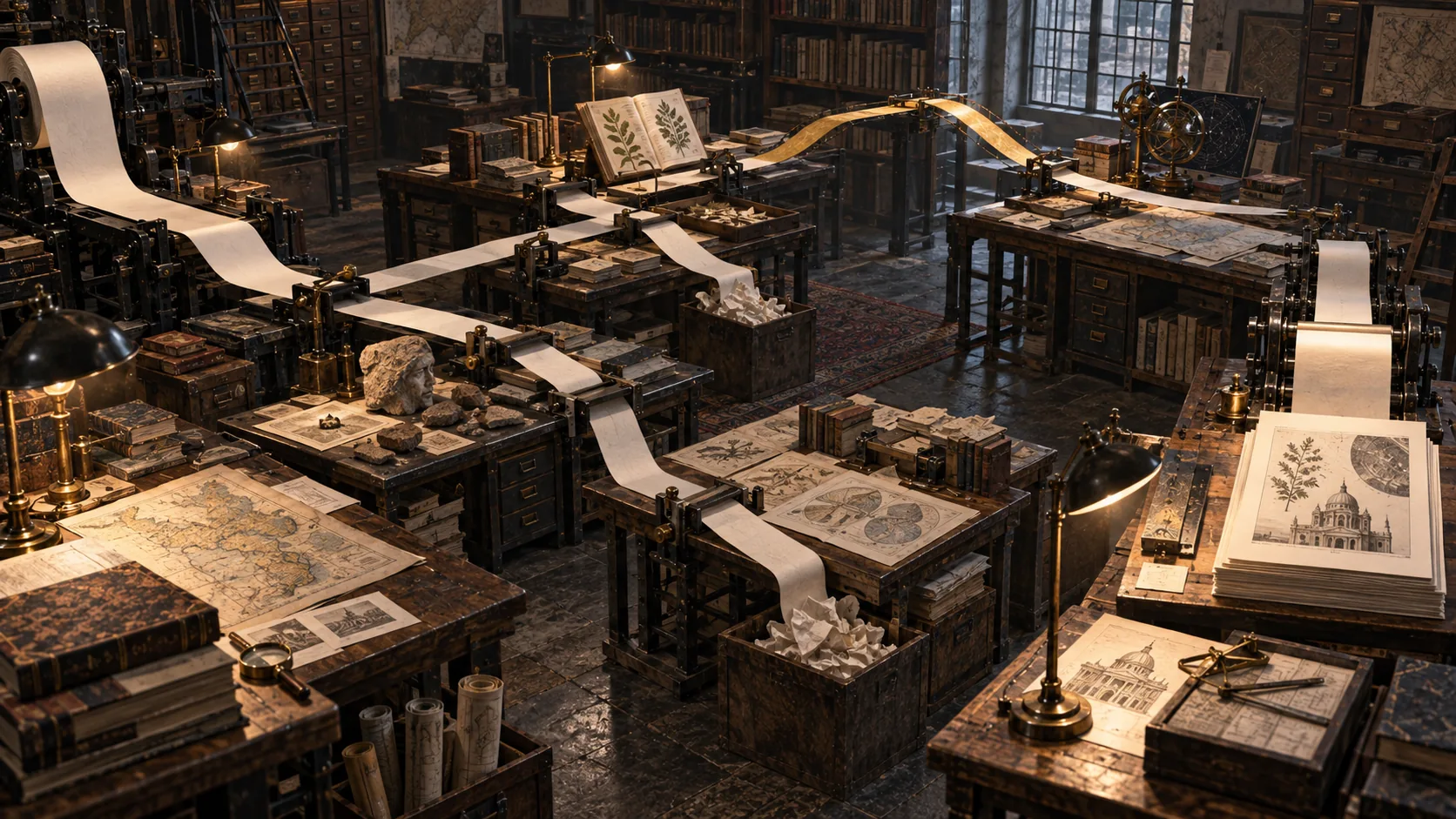 In an empty workshop, paper travels between printing stations, books and tables while draft pages collect along several routes.