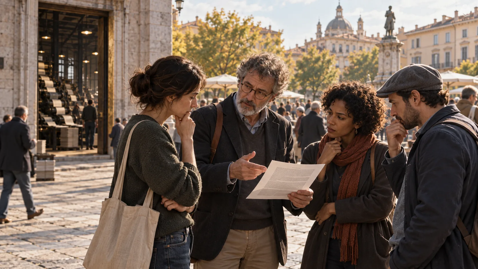 Four people in a public square examine a printed page together while the printing workshop remains in the background.