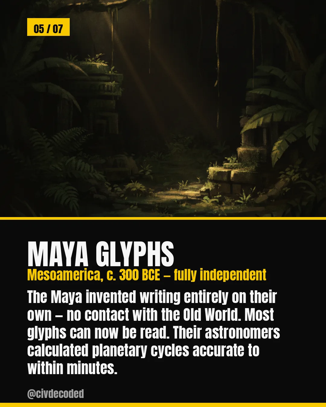 Maya glyphs — a fully independent writing system invented in Mesoamerica