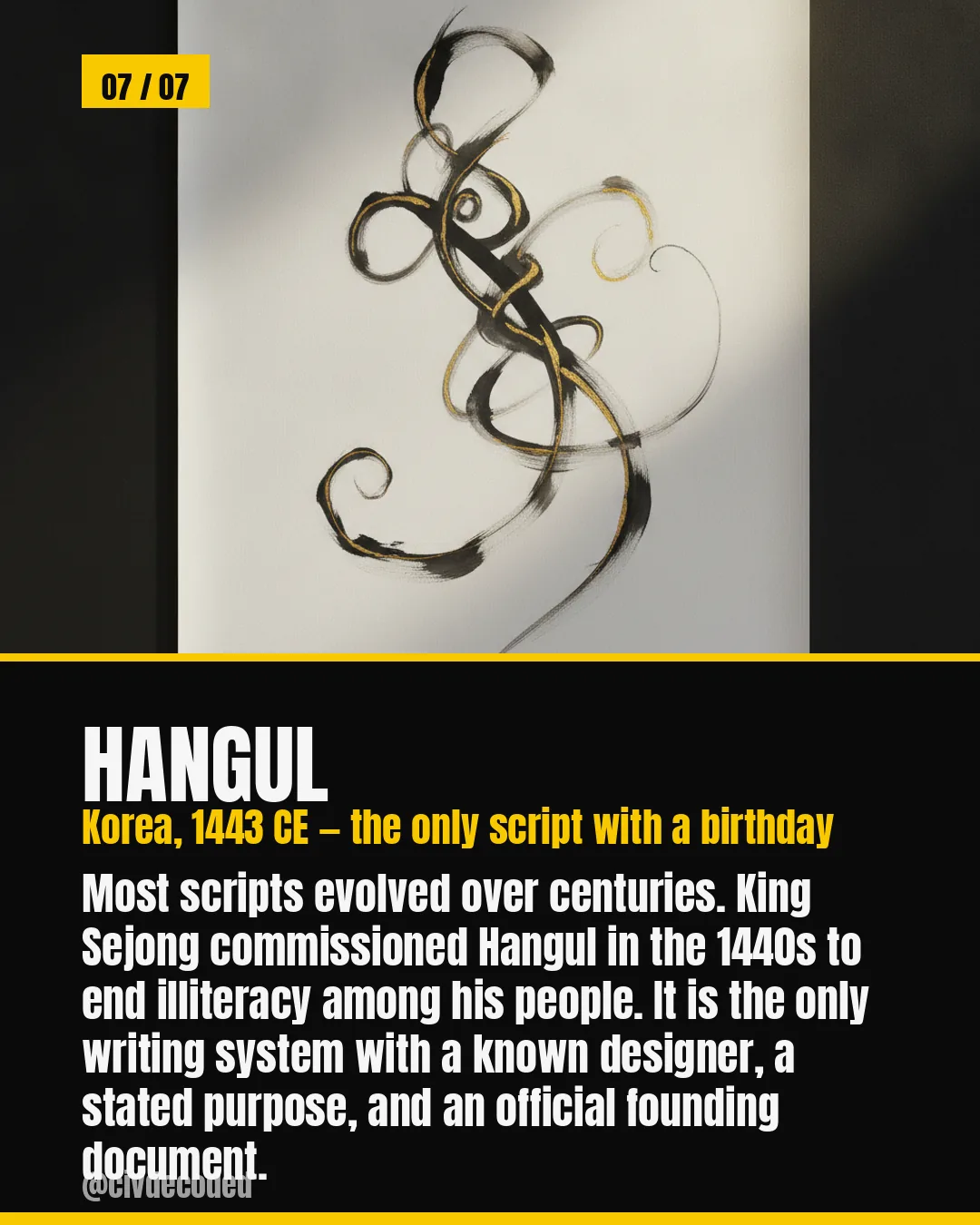 Hangul — Korea's 1443 CE alphabet, the only script with a known designer and a birthday